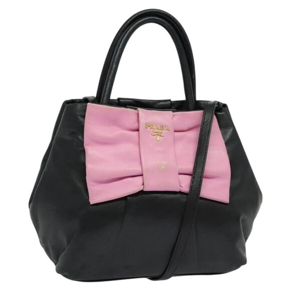 PRADA Hand Bag Leather 2way Black Gold Auth - Picture 1 of 16